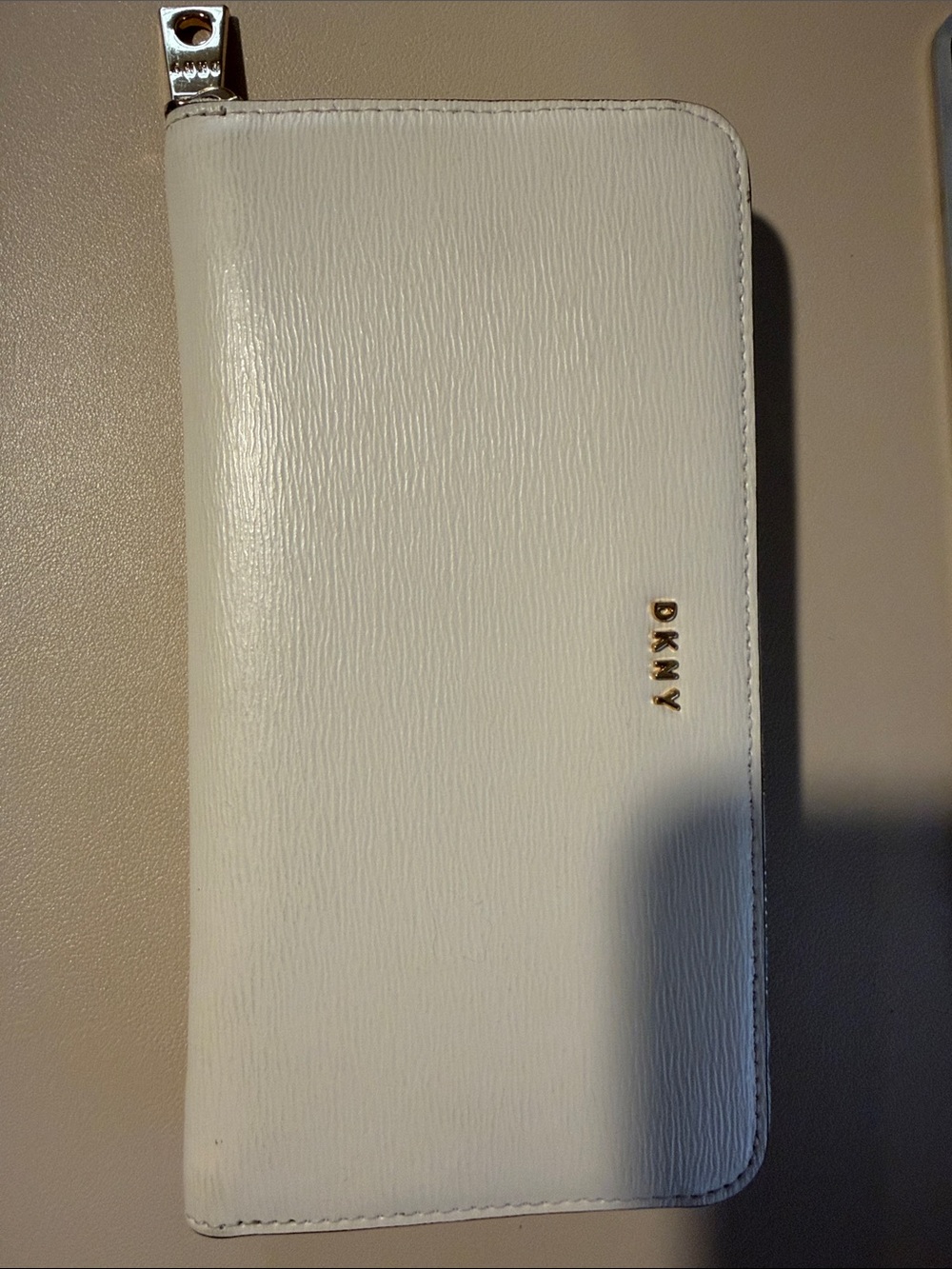 DKNY White Zip Around Leather Wallet with Gold Logo